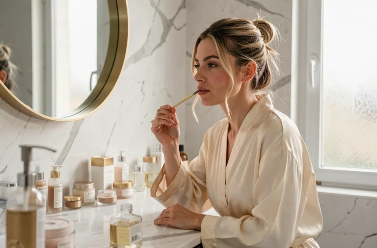Femme appliquant un rouge à lèvres nude devant un miroir doré dans une salle de bain en marbre blanc, ambiance beauté matinale parisienne