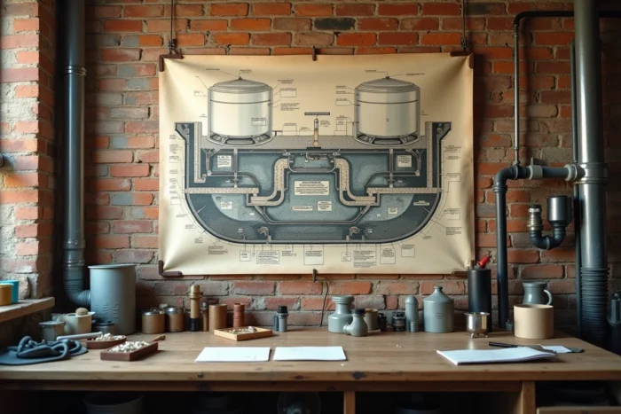 Schéma technique d'une ancienne fosse septique affiché dans un atelier de plomberie
