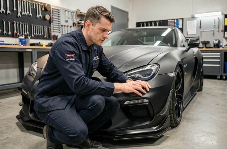 Spécialiste en tuning automobile inspectant une voiture de sport modifiée avec kit carrosserie dans un atelier professionnel