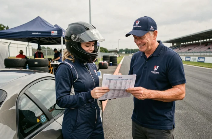 Une participante d'un stage de pilotage discute de ses chronos avec son instructeur dans le paddock du circuit