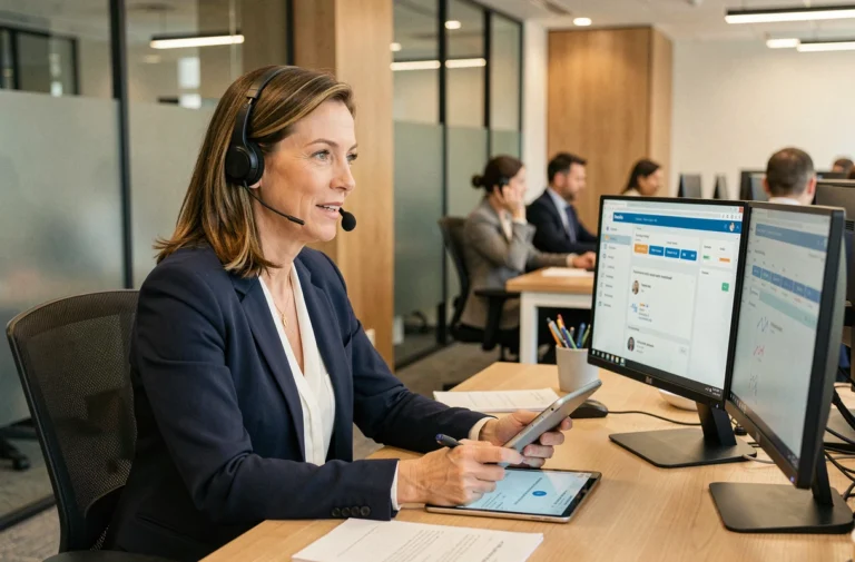 Téléopératrice professionnelle avec casque sans fil gérant un standard téléphonique externalisé dans un bureau moderne