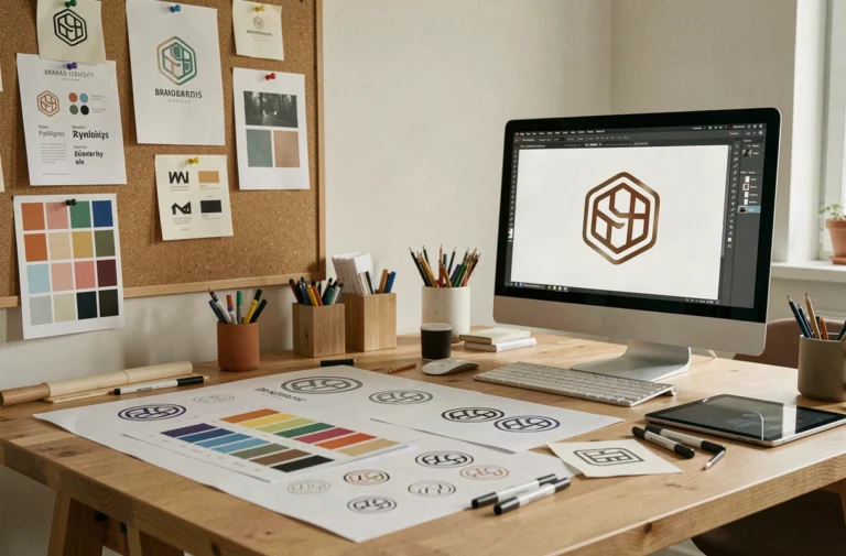 Studio de graphiste avec des esquisses de logos, des palettes de couleurs et un ordinateur affichant un design en cours