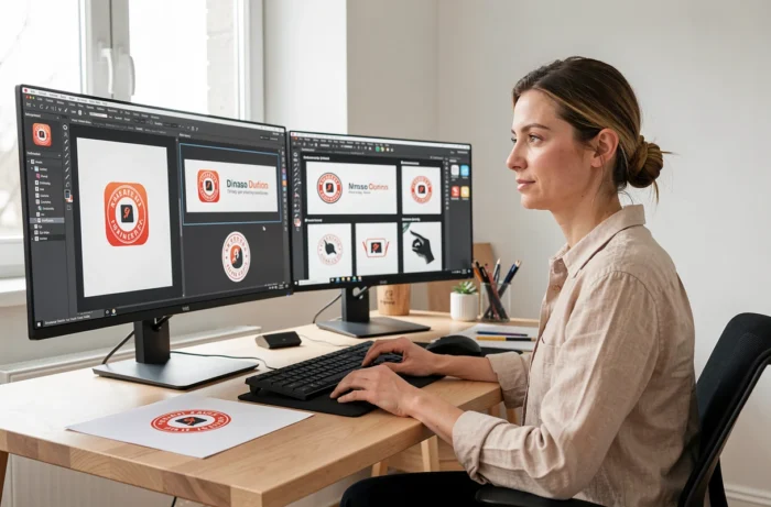 Designer entourée de mockups montrant un système de logo adaptatif décliné en plusieurs formats