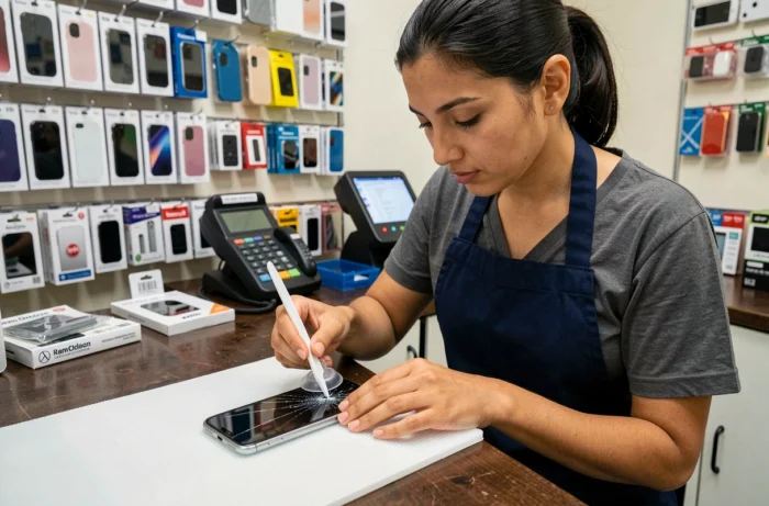 Technicienne remplaçant l'écran cassé d'un smartphone dans un atelier de réparation