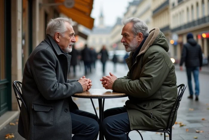 Deux hommes en conversation sérieuse à une terrasse de café parisien en automne, évoquant un témoignage de proches face à la maladie d'un ami