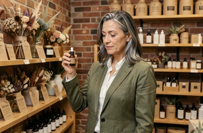 Femme d'une quarantaine d'années examinant un sérum en flacon ambré dans une boutique de cosmétiques naturels aux murs en brique