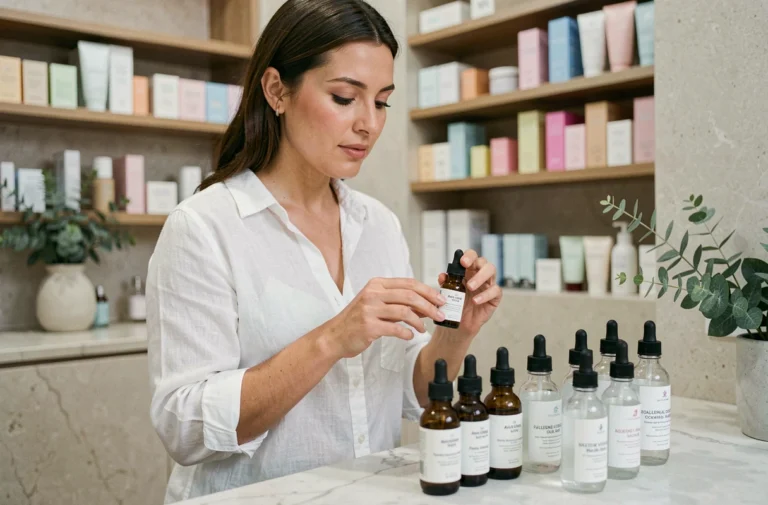 Femme explorant de nouveaux sérums et produits de soin innovants sur un comptoir en marbre dans un studio de beauté minimaliste