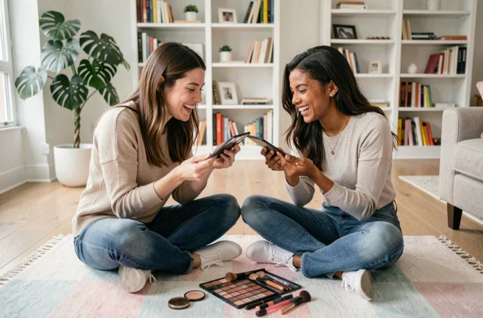 Deux jeunes femmes testant des palettes de fards à paupières sur leur bras dans un salon lumineux et convivial, ambiance beauté entre amies