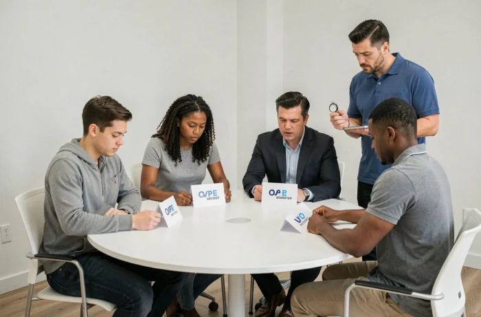 Groupe de participants lors d'un test de mémorisation de logo en cinq secondes autour d'une table blanche