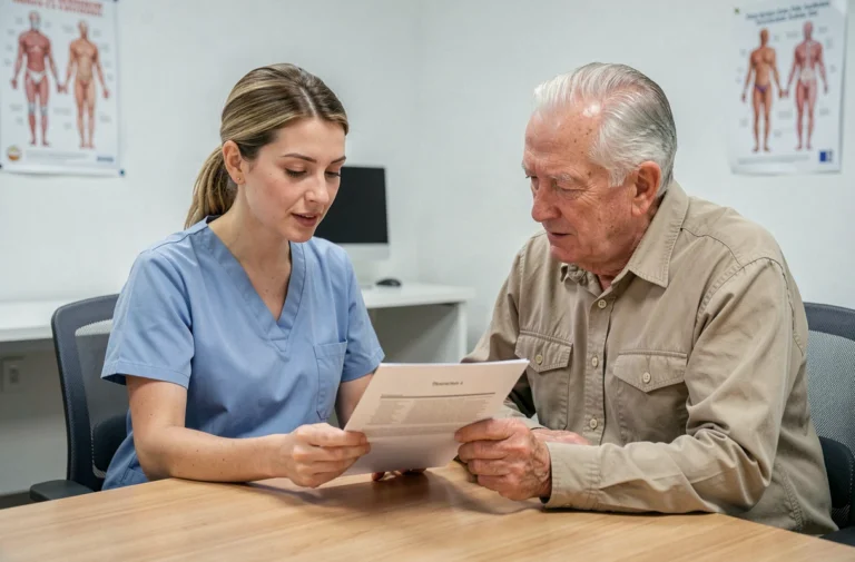 Physiothérapeute et patient âgé examinant ensemble le test de Tinetti dans une clinique de rééducation