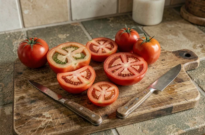 Tomates coupées en deux sur une planche en bois révélant une peau épaisse et une chair dense dans une cuisine rustique