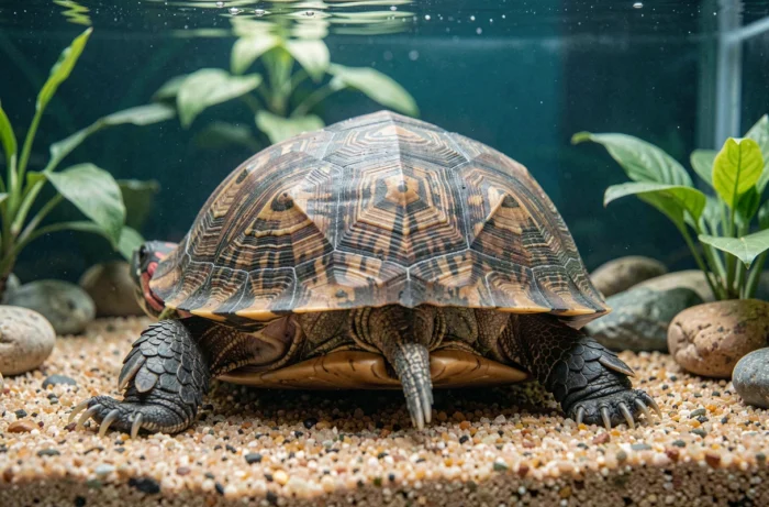 Tortue à oreilles rouges entièrement immergée dans un aquarium, illustrant la respiration par le cloaque lors de l'hibernation aquatique