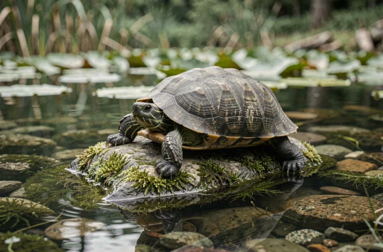 Tortue peinte reposant sur un rocher moussu dans un étang, pattes arrière immergées dans l'eau froide, illustration de la respiration cloacale en hiver