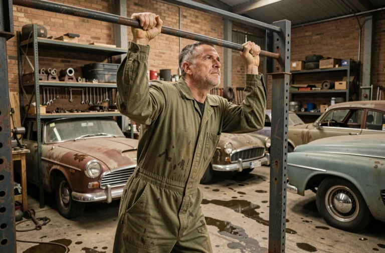 Homme de 50 ans faisant des tractions dans un garage de voitures anciennes, illustrant les bienfaits de la traction pour les passionnés d'automobiles vintage
