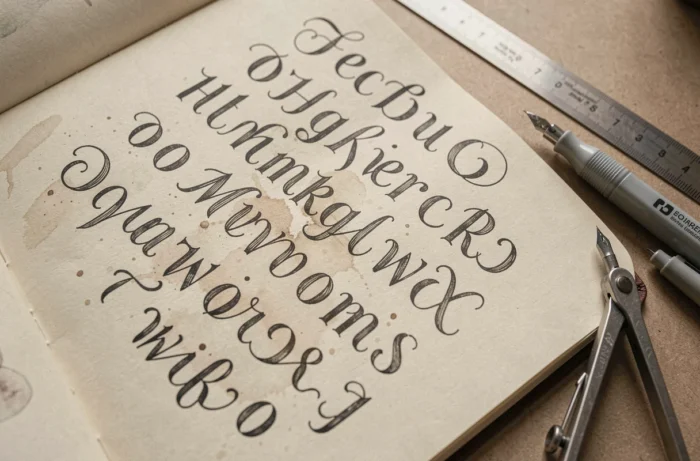 Carnet de croquis ouvert montrant des expériences de typographie sur mesure avec des lettres dessinées à la main