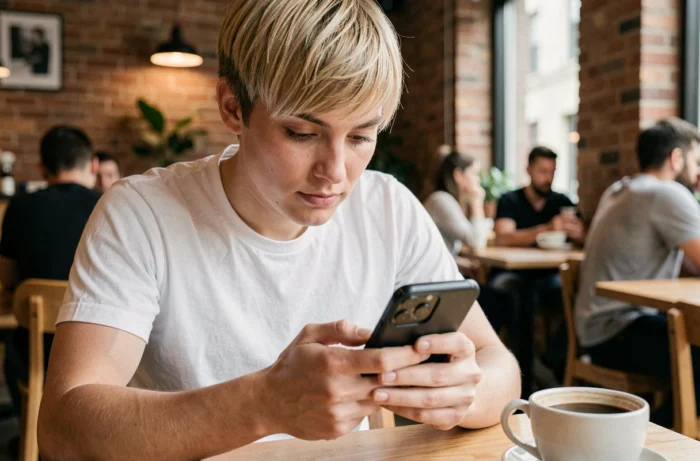 Jeune adulte consultant un nouveau lien sur son smartphone dans un café urbain