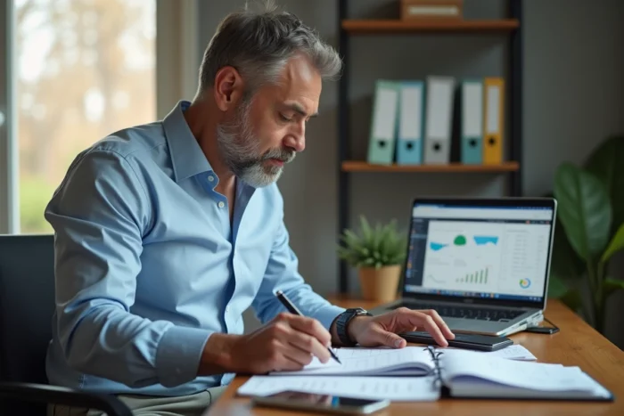 Vendeur à domicile indépendant travaillant dans son bureau à domicile sur la gestion administrative de son activité VDI