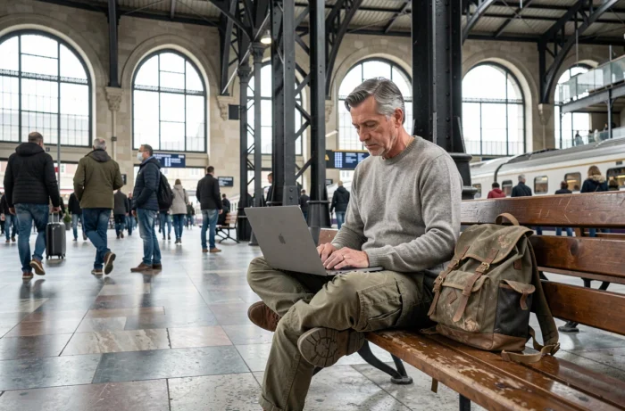 Voyageur travaillant sur un ordinateur portable dans une grande gare ferroviaire internationale