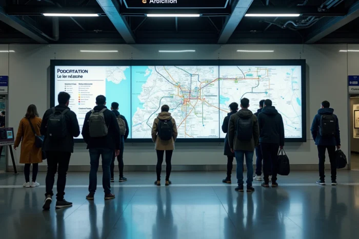Voyageurs étudiant le plan des zones Navigo affiché dans une grande gare parisienne